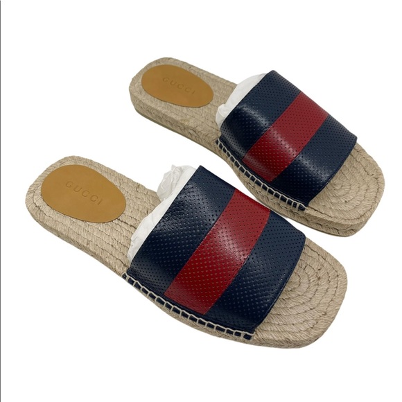Gucci Web Signature Leather Men’s Slides - Picture 5 of 12